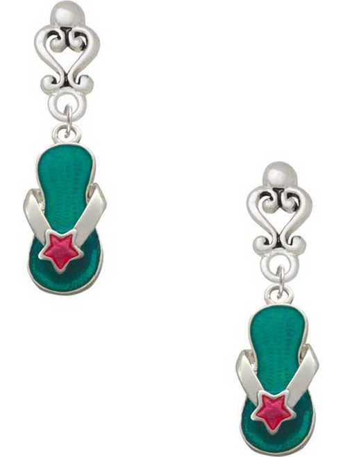 Silver Plated Tropical Blue Flip Flop with Pink Star - Filigree Heart Post Earrings