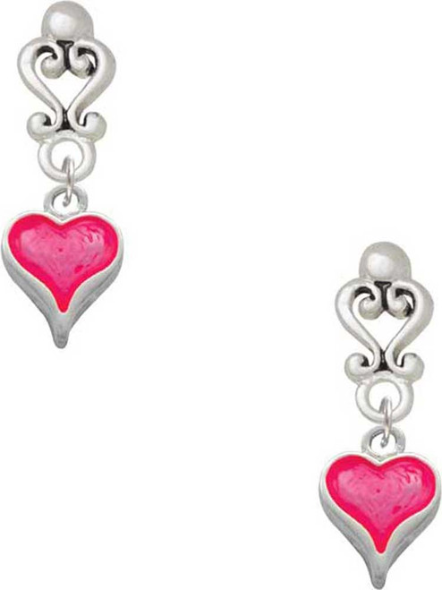 Silver Plated Small Long Hot Pink Heart - Filigree Heart Post Earrings