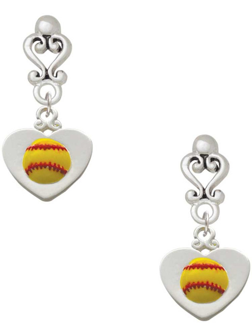Silver Plated Softball in Heart - Filigree Heart Post Earrings