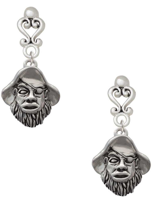 Silver Plated Large Pirate - Mascot - Filigree Heart Post Earrings