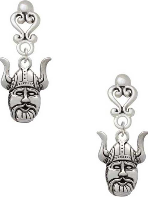 Silver Plated Large Viking - Mascot - Filigree Heart Post Earrings