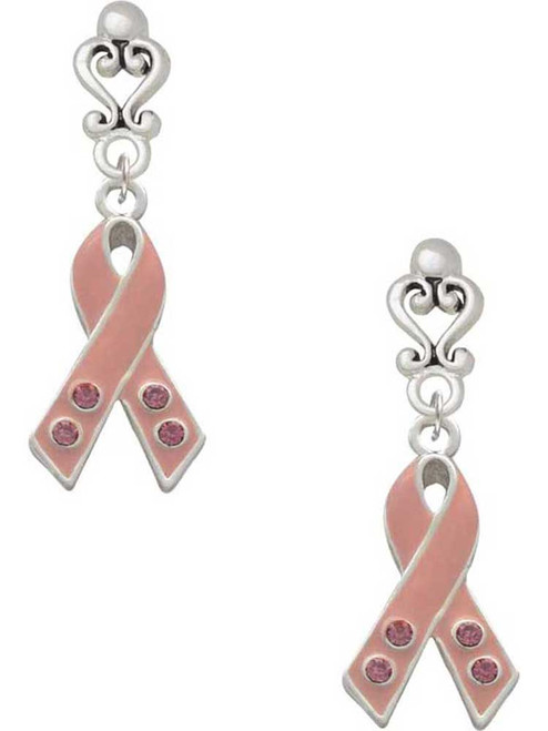 Silver Plated Large Pink Ribbon with Crystals - Filigree Heart Post Earrings