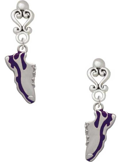 Silver Plated Purple Running Shoe - Filigree Heart Post Earrings