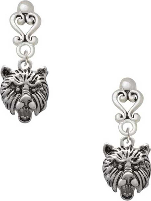 Silver Plated Small Bear - Mascot - Filigree Heart Post Earrings