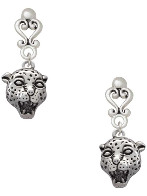 Silver Plated Small Jaguar - Mascot - Filigree Heart Post Earrings
