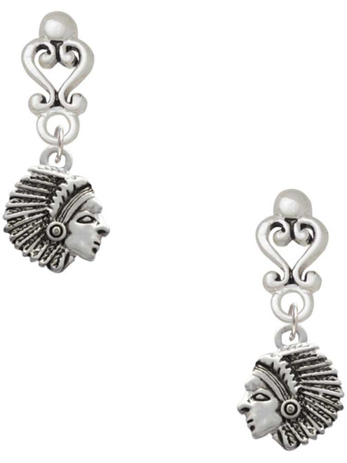 Silver Plated Small Indian - Mascot - Filigree Heart Post Earrings