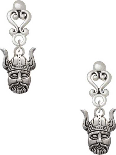 Silver Plated Small Viking - Mascot - Filigree Heart Post Earrings