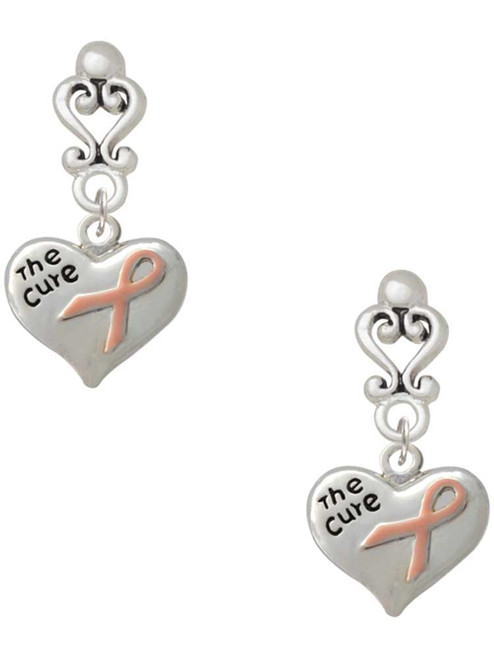 Silver Plated Small Heart with Pink Ribbon ''The Cure'' - Filigree Heart Post Earrings