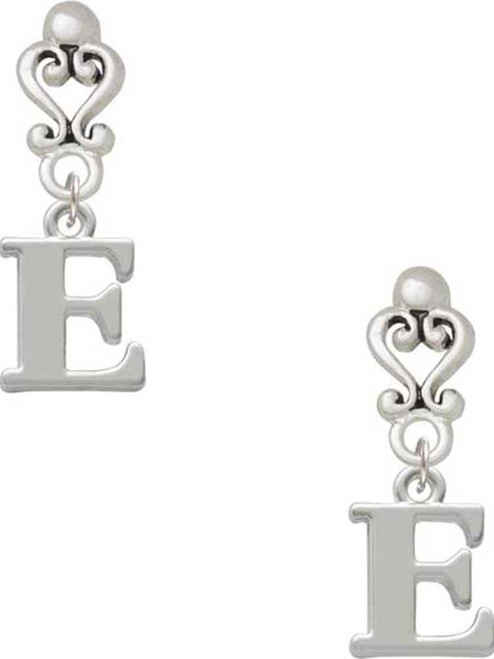 Silver Plated Large Initial - E - Filigree Heart Post Earrings