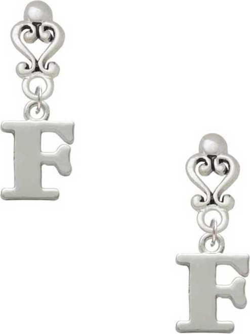 Silver Plated Large Initial - F - Filigree Heart Post Earrings