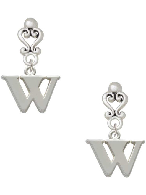 Silver Plated Large Initial - W - Filigree Heart Post Earrings