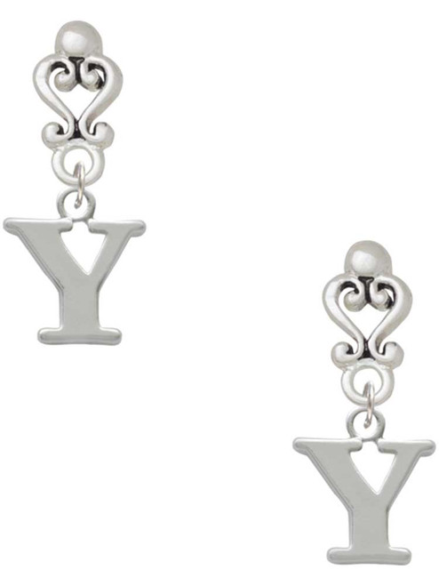 Silver Plated Large Initial - Y - Filigree Heart Post Earrings