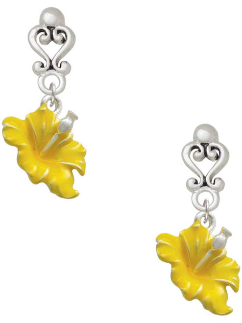 Silver Plated Yellow Hibiscus Flower - Filigree Heart Post Earrings