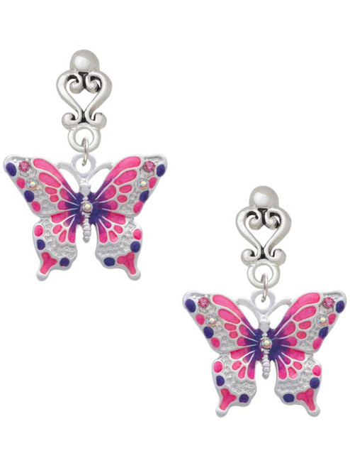 Silver Plated Large Hot Pink & Purple Butterfly - Filigree Heart Post Earrings