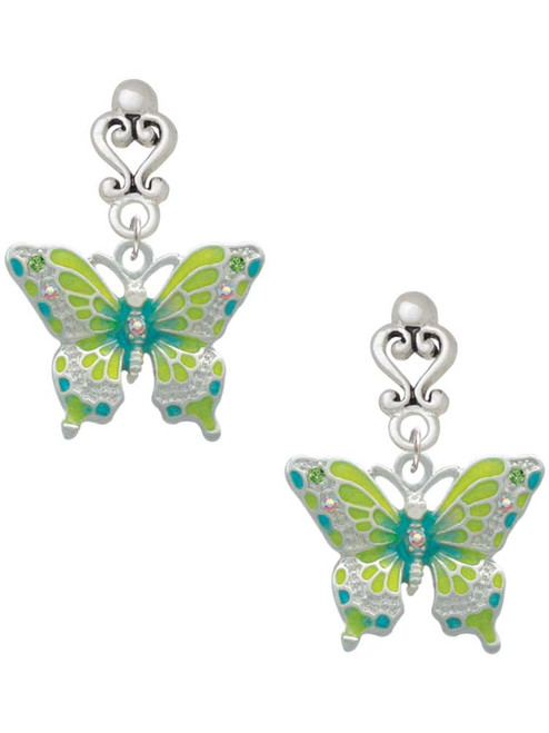 Silver Plated Large Lime Green & Blue Butterfly - Filigree Heart Post Earrings