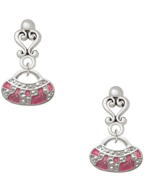 Silver Plated Hot Pink Retro Purse - Filigree Heart Post Earrings