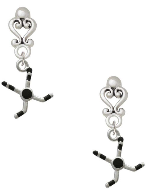 Silver Plated Hockey Sticks with Puck - Filigree Heart Post Earrings
