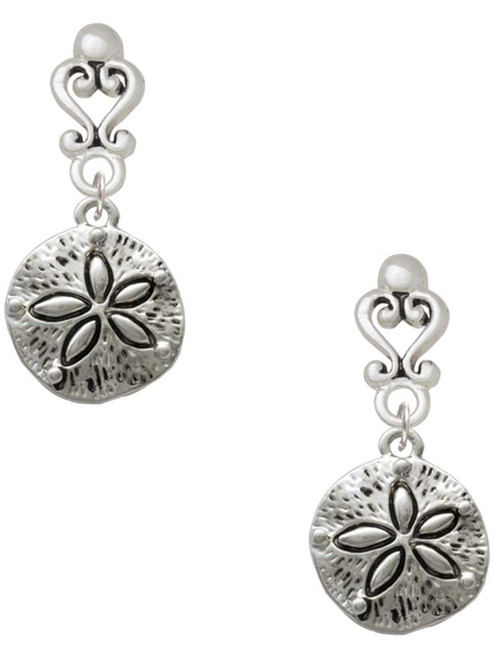 Silver Plated Antiqued Sand Dollar - Filigree Heart Post Earrings
