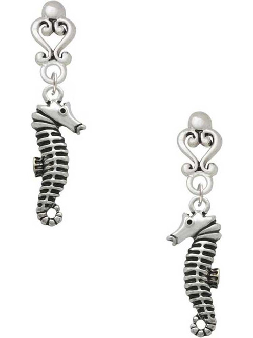 Silver Plated Antiqued Seahorse - Filigree Heart Post Earrings