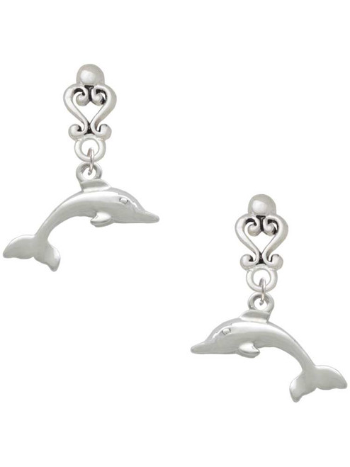 Silver Plated Antiqued Dolphin - Filigree Heart Post Earrings