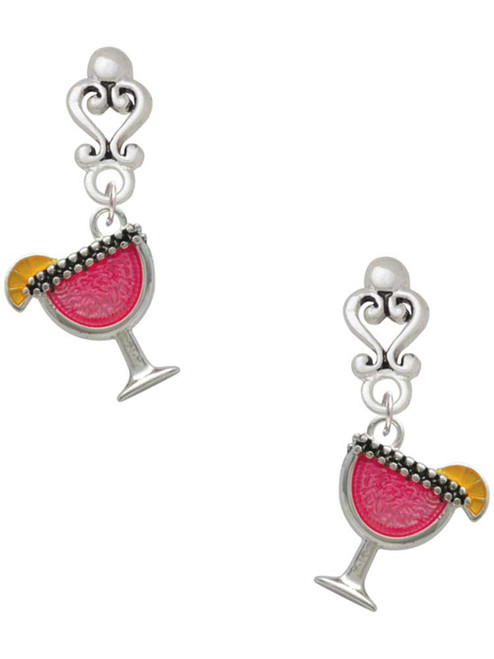Silver Plated Hot Pink Tropical Drink - Filigree Heart Post Earrings