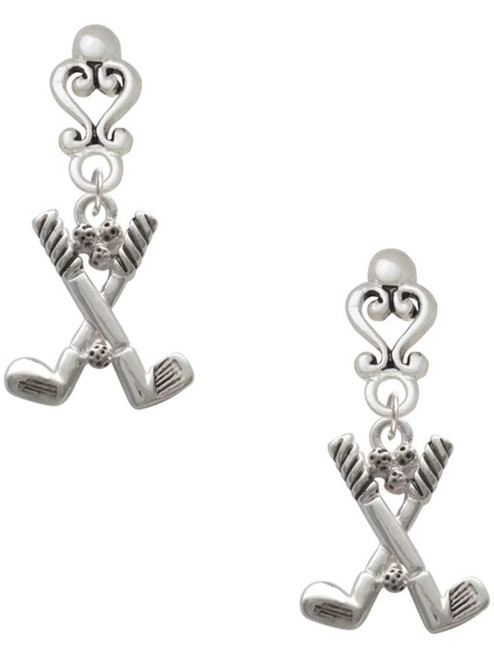 Silver Plated Golf Clubs with Golf Ball - Filigree Heart Post Earrings