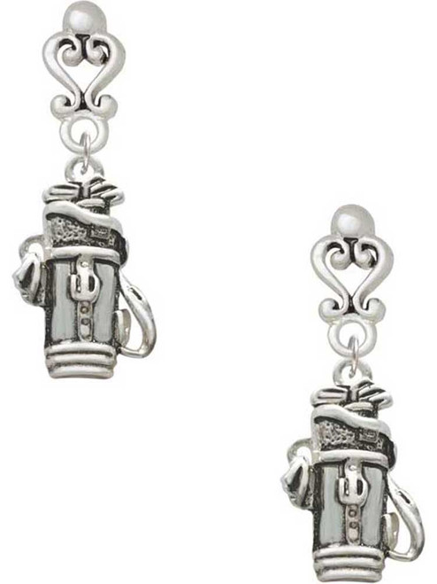 Silver Plated Golf Club Bag - Filigree Heart Post Earrings