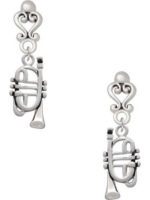 Silver Plated Cornet - Filigree Heart Post Earrings