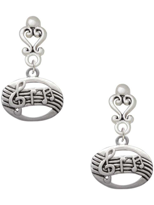 Silver Plated Oval with Music Notes - Filigree Heart Post Earrings