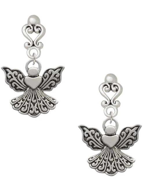 Silver Plated Angel with Heart - Filigree Heart Post Earrings