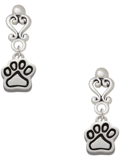 Silver Plated Small Paw - Filigree Heart Post Earrings