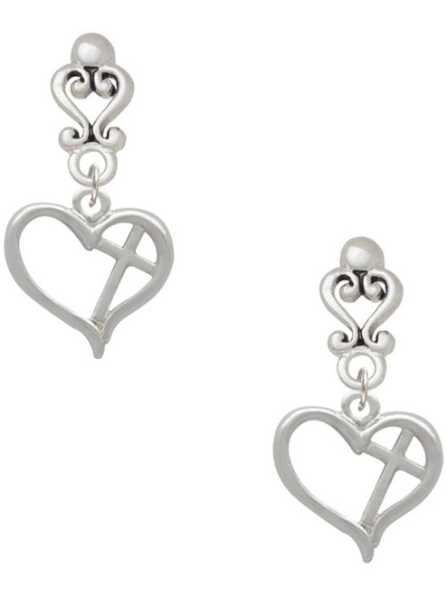 Silver Plated Heart Outline with diagonal Cross - Filigree Heart Post Earrings