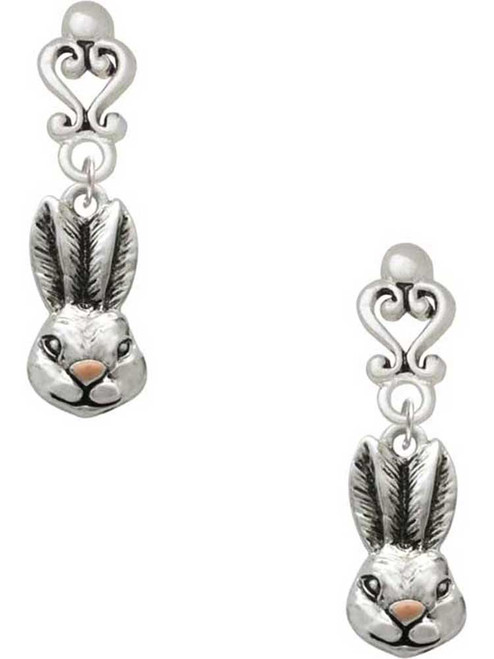 Silver Plated Antiqued Bunny Head - Filigree Heart Post Earrings