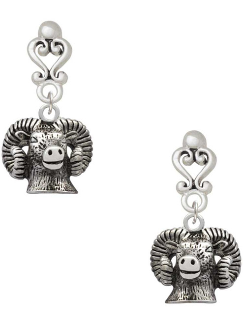 Silver Plated Ram Head - Filigree Heart Post Earrings