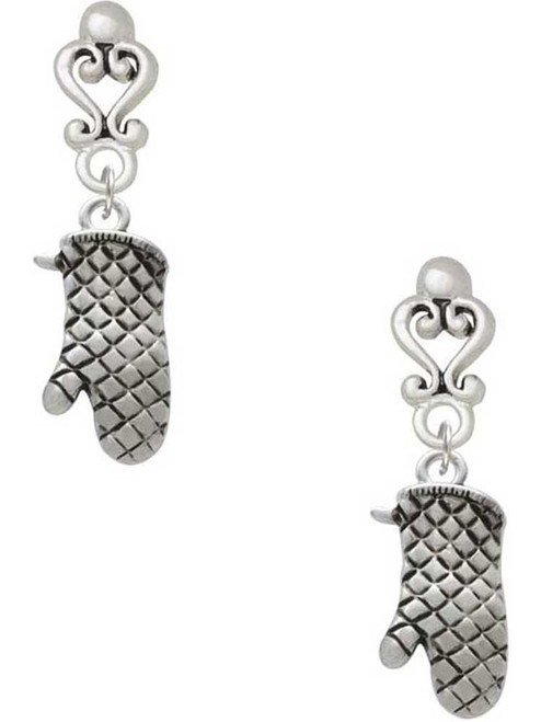 Silver Plated Oven Mitt - Filigree Heart Post Earrings