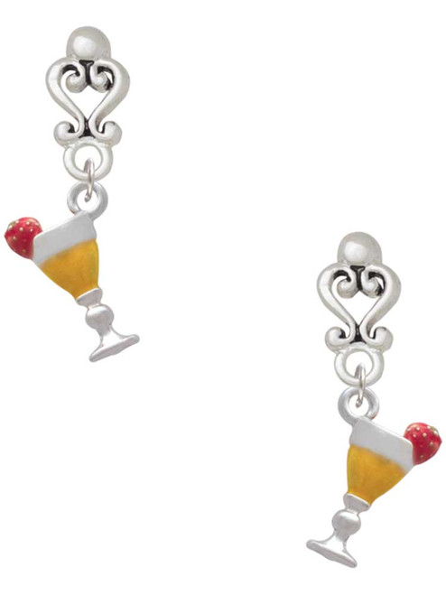 Silver Plated 3-D Yellow Tropical Drink - Filigree Heart Post Earrings