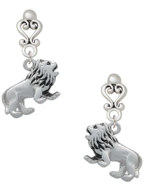 Silver Plated 3-D Lion - Filigree Heart Post Earrings