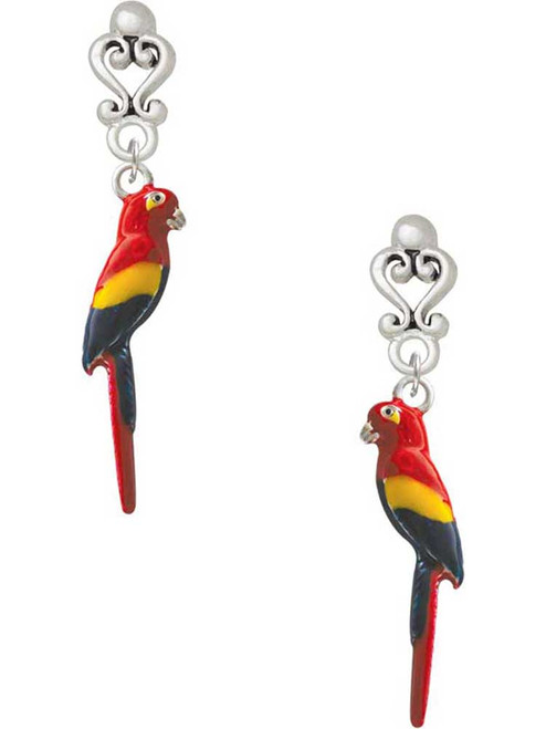 Silver Plated 3-D Enamel Parrot - Filigree Heart Post Earrings