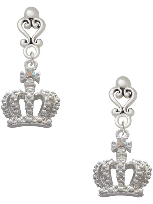 Silver Plated Crown with AB Crystal - Filigree Heart Post Earrings