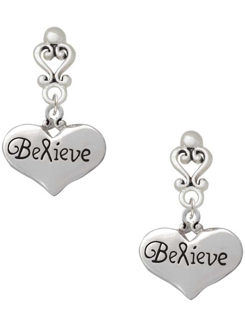 Silver Plated Large Believe with Ribbon Heart - Filigree Heart Post Earrings