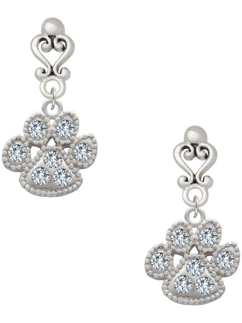 Silver Plated Large Paw with Clear Crystals - Filigree Heart Post Earrings