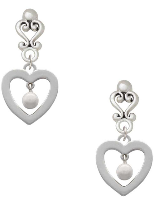 Silver Plated Open heart with Imitation Pearl Drop - Filigree Heart Post Earrings