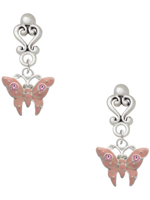 Silver Plated Pink Butterfly with 2 Pink Crystals - Filigree Heart Post Earrings