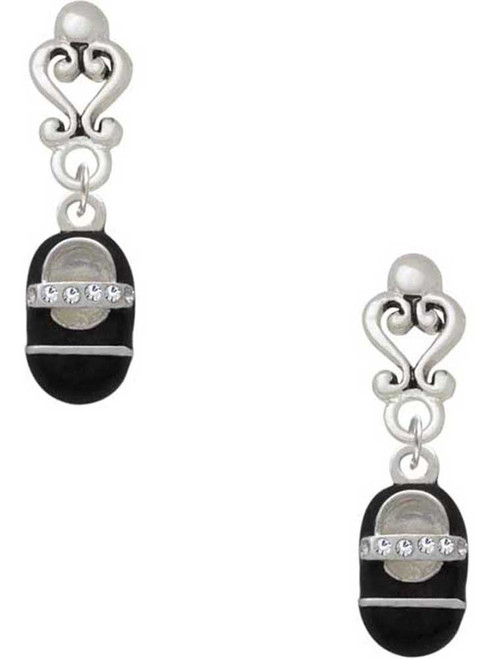 Silver Plated Black Baby Shoe with Crystal Strap - Filigree Heart Post Earrings