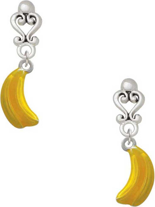 Silver Plated 3-D Yellow Enamel Bananas - Filigree Heart Post Earrings
