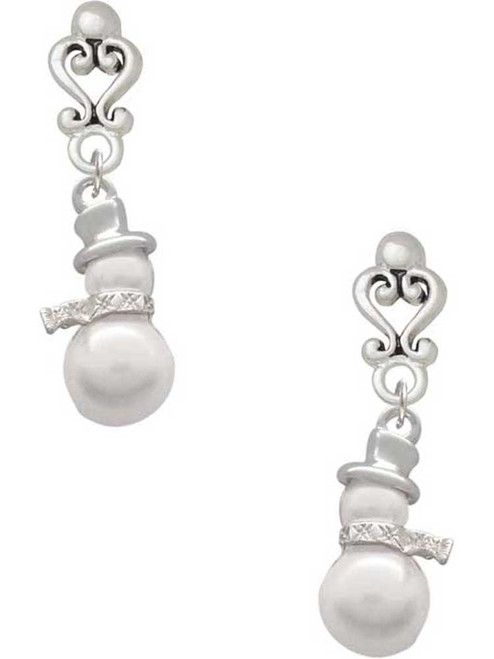 Silver Plated Imitation Pearl Snowman - Filigree Heart Post Earrings