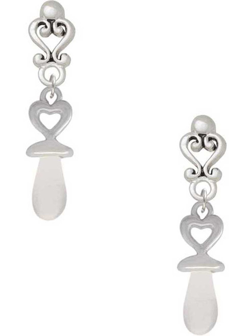 Silver Plated 3-D Clear Frosted Baby Pacifier - Filigree Heart Post Earrings