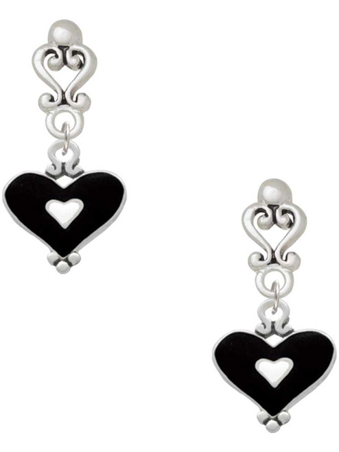 Silver Plated Black and White Enamel Heart - Filigree Heart Post Earrings