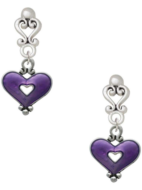 Silver Plated Hot Purple Enamel Heart with Cutout - Filigree Heart Post Earrings