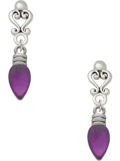 Silver Plated Christmas Lights - Purple Resin - Filigree Heart Post Earrings